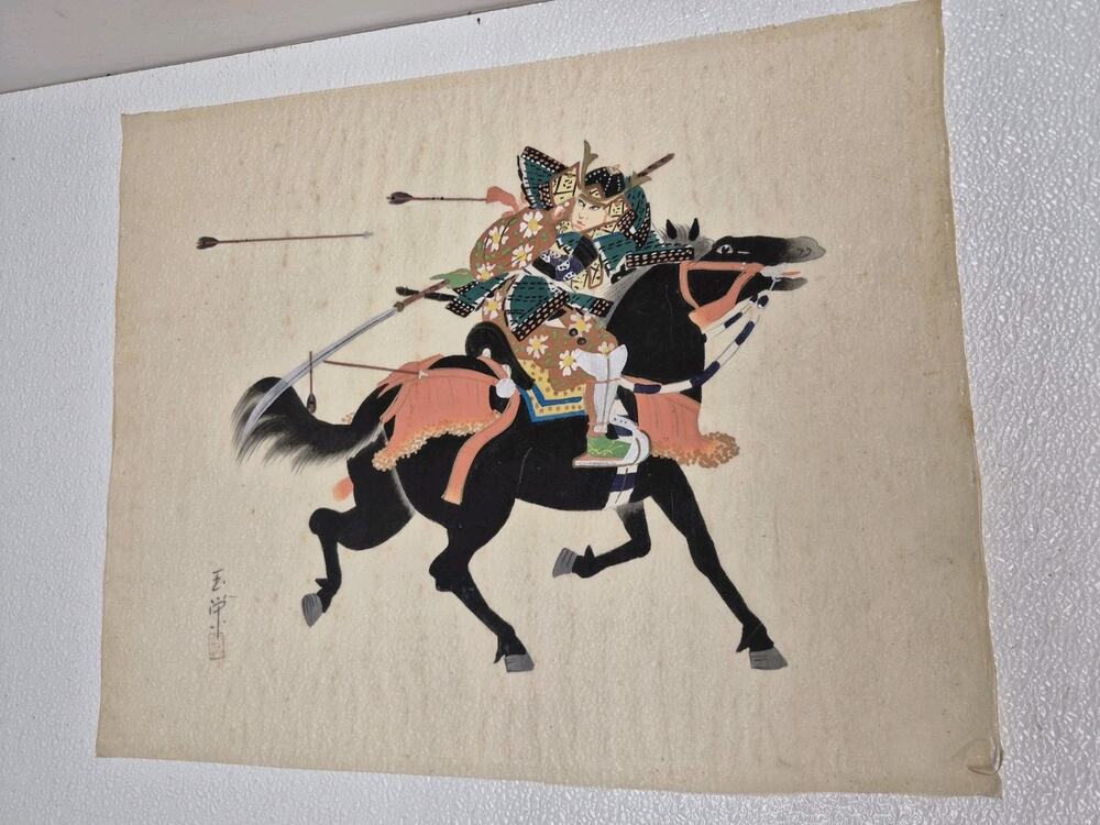 Vintage Japanese Samurai Warrior Painting on Silk Signed Gyokuei Black Horse Art